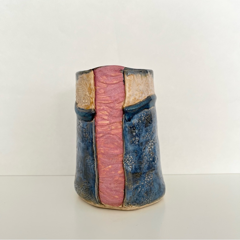 Vintage Handmade Studio Pottery Kimono Vase Koi Fish Pink Blue Japanese Abstract